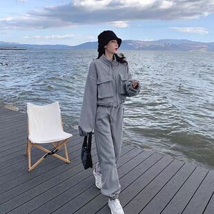 大码时尚休闲工装套装女2026秋季新款韩版宽松短外套阔腿裤两件套