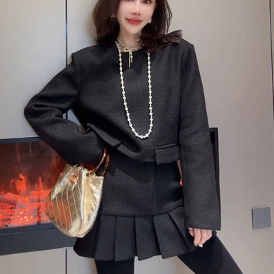 韩系小香风两件套圆领宽松上衣女＋高腰显瘦百褶半身裙气质套装潮