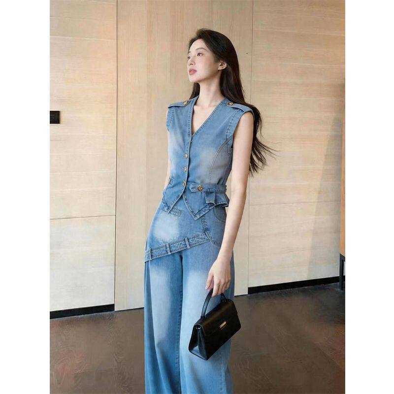 高级感牛仔无袖上衣裤子套装女2026年夏季新款收腰气质休闲两件套