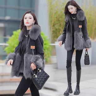 2025冬装新款时尚个性高级感拼接撞色毛毛领长袖中长款外套上衣潮