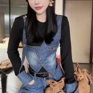 2026年早春网红新款时尚百搭洋气显瘦假两件牛仔上衣+裤子套装女