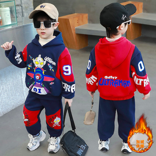 奥特曼衣服男童加绒加厚套装帅气2025新款儿童冬装连帽卫衣两件套