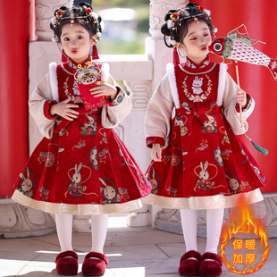 汉服女童冬季新款儿童小女孩红色过年唐装拜年服套装新年衣服裙子