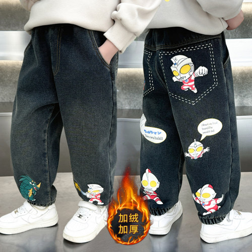 奥特曼男童一体绒加厚牛仔裤
