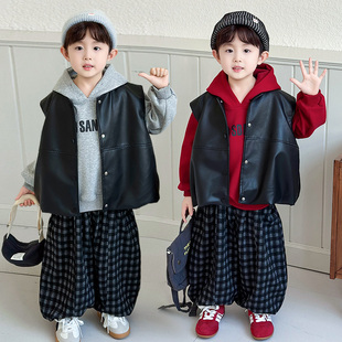男童酷帅皮马甲格子裤卫衣三件套春秋装韩范洋气套装