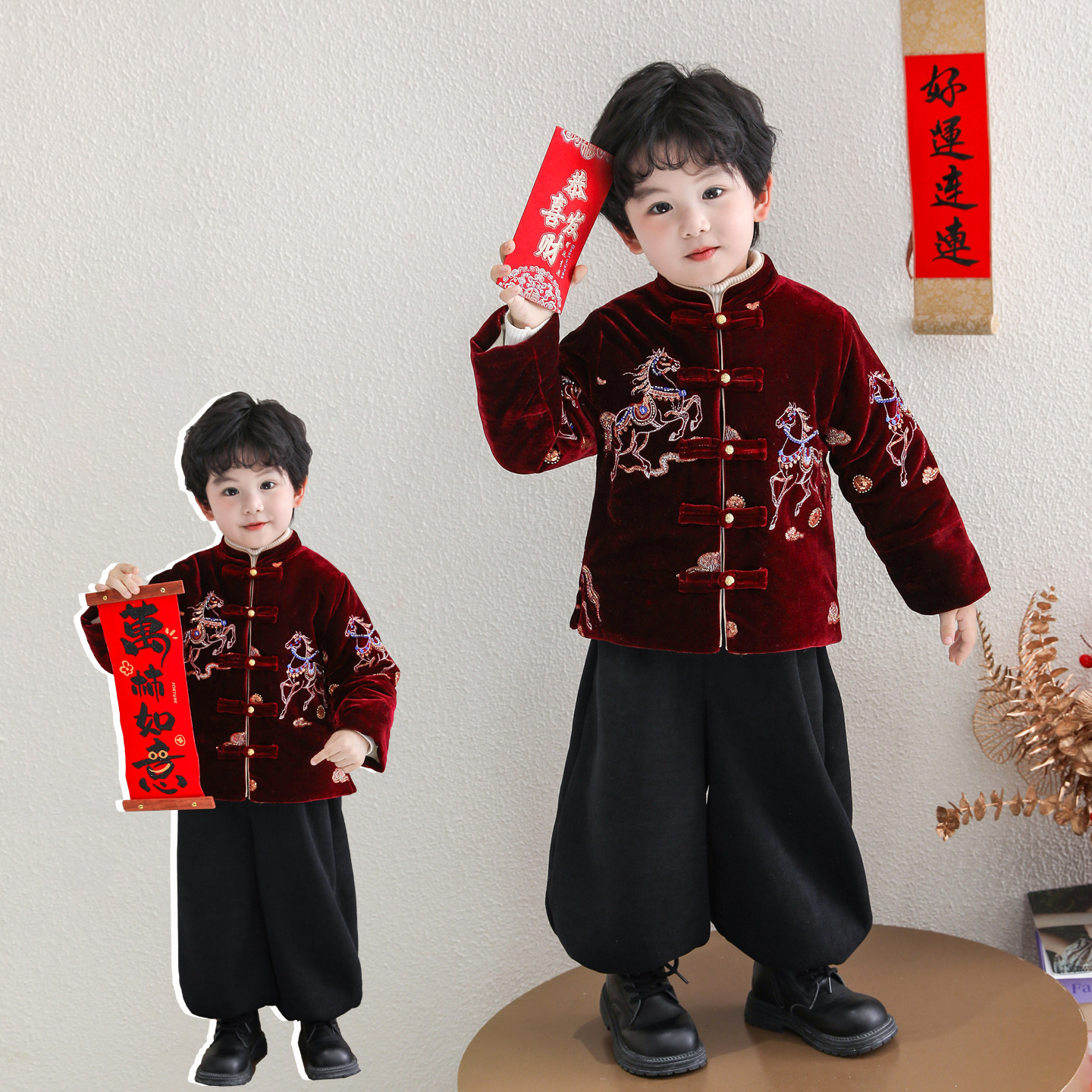 拜年服男童汉服女童唐装冬季儿童新年套装周岁礼服宝宝红色过年服