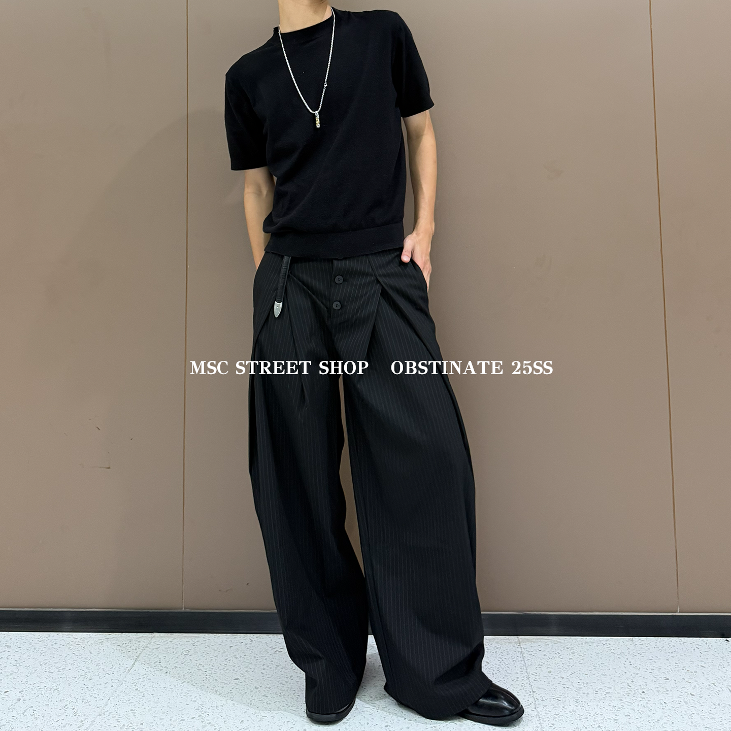MSCSHOP美式压褶黑灰色宽松条纹阔腿西裤A字老钱风垂坠感裤子男女