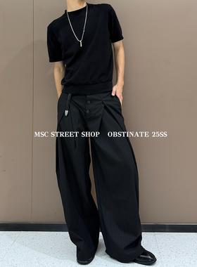 MSCSHOP美式压褶黑灰色宽松条纹阔腿西裤A字老钱风垂坠感裤子男女