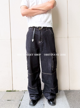 MSCSHOP美式原牛仔工装裤baggy多口袋工装拼接设计宽松直筒长裤