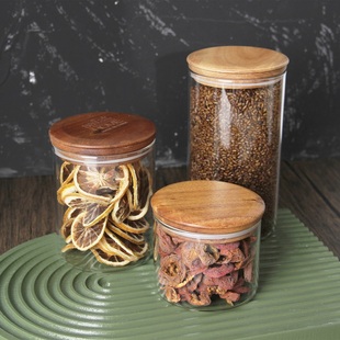 样板间厨房橱柜摆件实木密封罐子软装 杂粮玻璃透明储物瓶 饰品中式