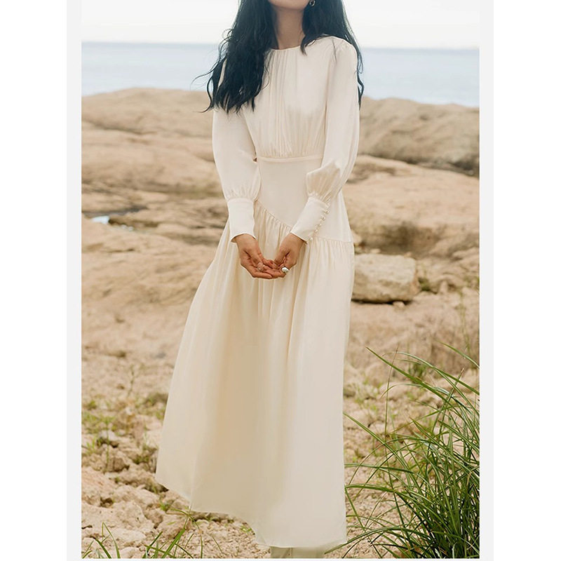 现货厂家清仓 高j感香槟色显瘦收腰长袖连衣裙气质抽褶显瘦 长裙