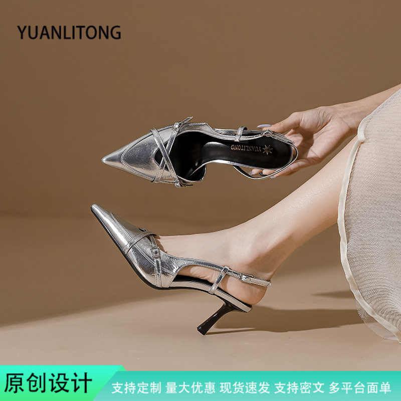 高跟鞋2025春夏季新款尖头时尚欧美后空凉鞋软皮细跟大码女鞋定制