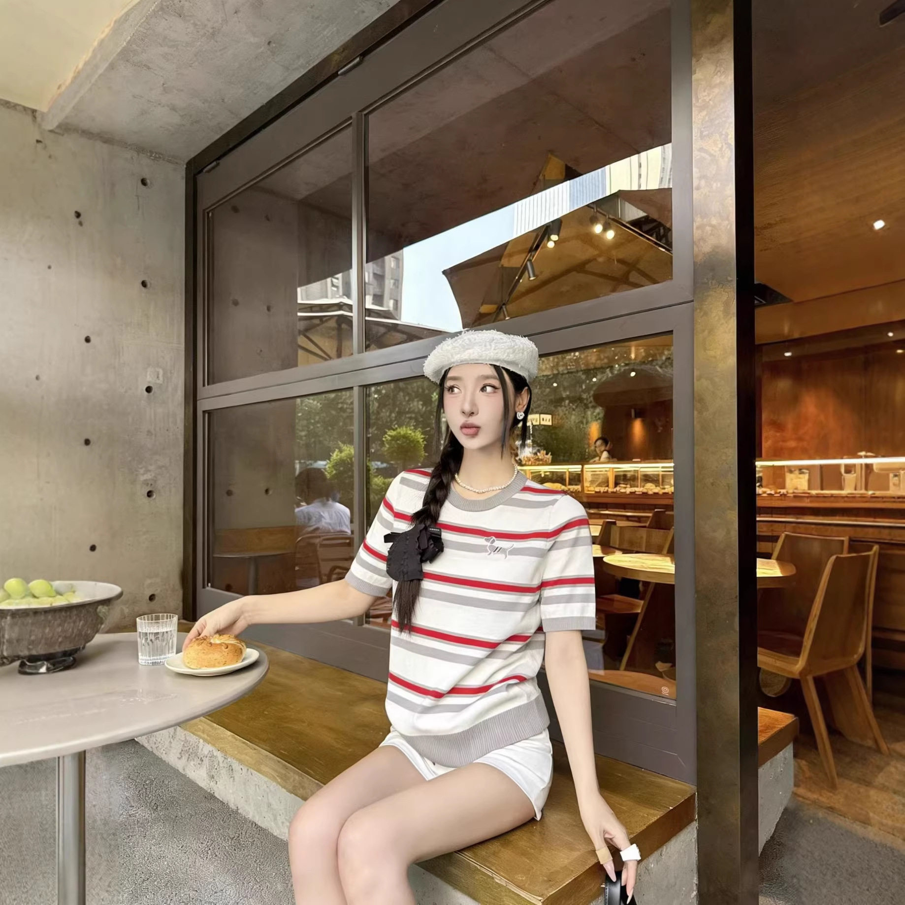 高定26年早春新款小狗学院风条纹休闲简约薄款短袖针织衫T恤女