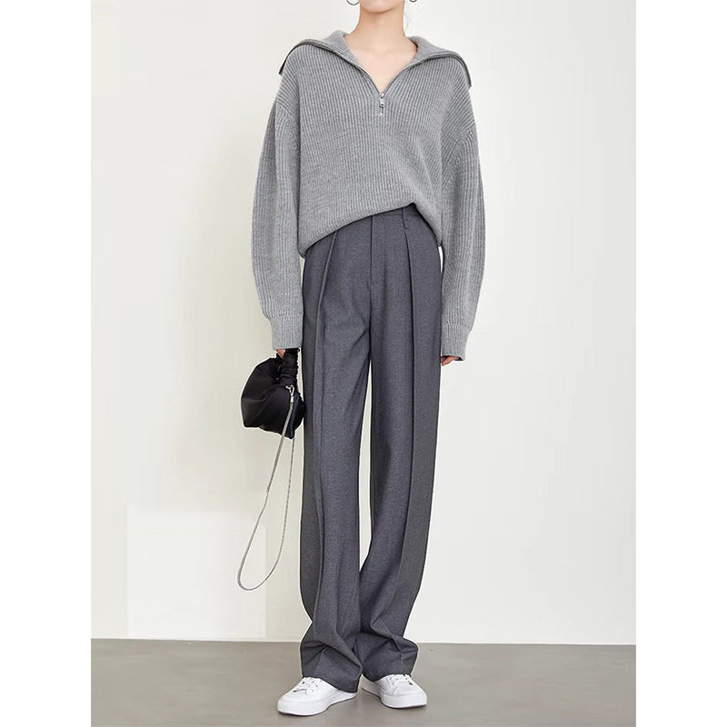 现货厂家 高JI灰色西装裤老钱风裤子显瘦阔腿裤休闲直筒裤女