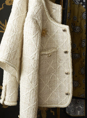 现货厂家 名伶气质 上身C美Q奢J致菱格编织隐闪粗花呢短外套