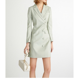 现货厂家直批fa式显瘦女新款水绿色西装连衣裙子高JI感长袖气质
