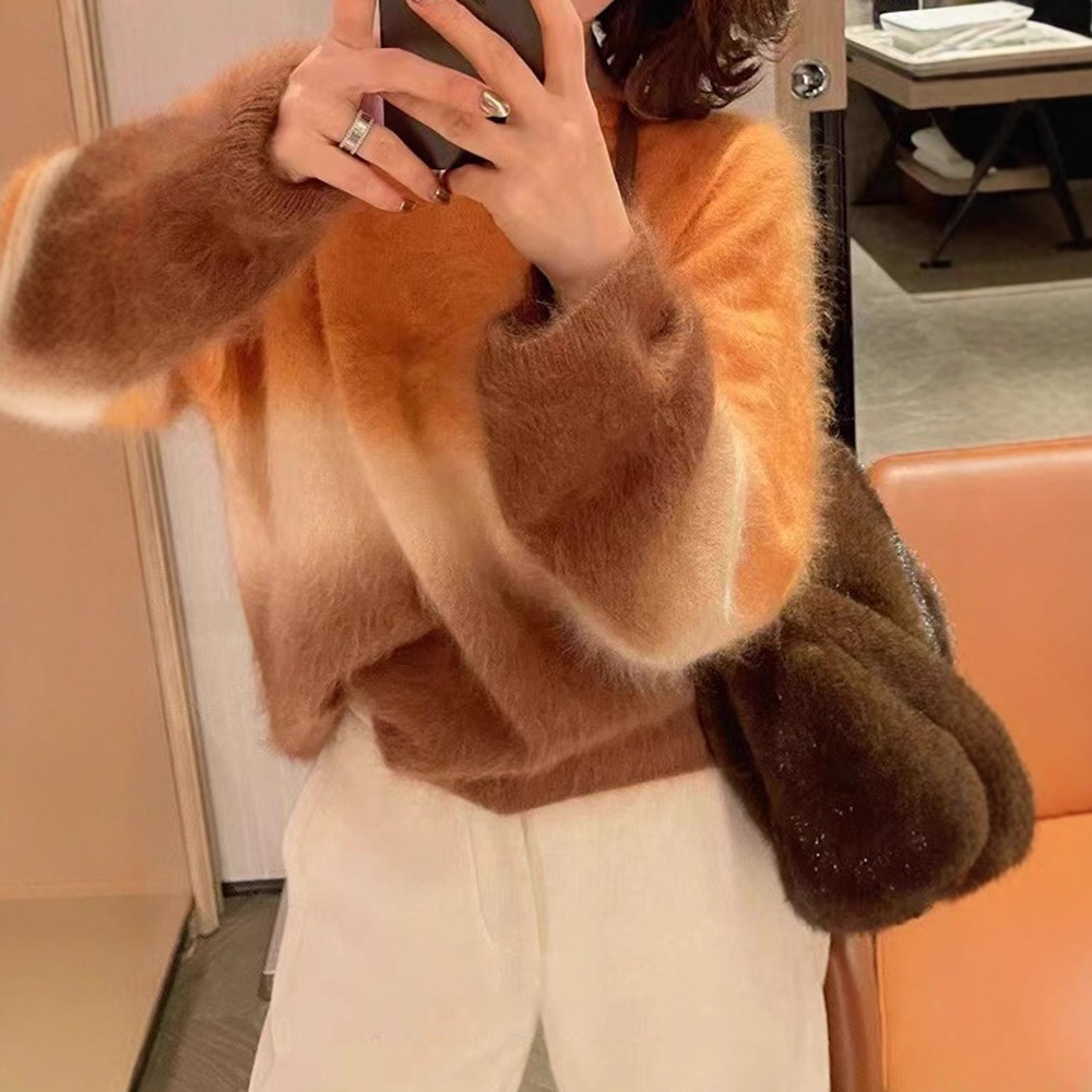 美拉德纯羊毛毛衣女秋冬拉绒渐变针织衫25新款女装软糯内搭打底衫