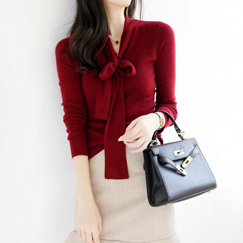 濮院针织秋季蝴蝶结羊毛衫毛衣女韩版时尚休闲长袖洋气打底衫上衣