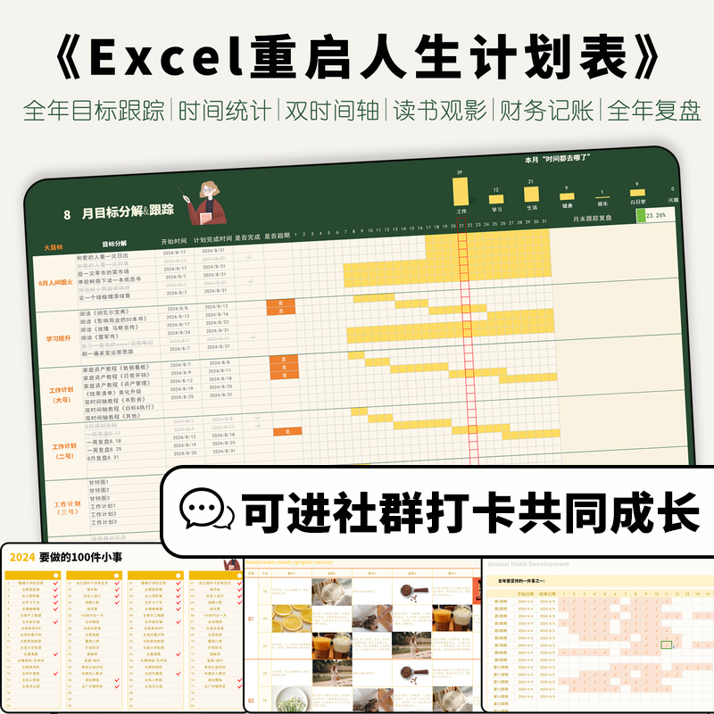 2025重启人生Excel计划双时间轴时间管理西瓜电子手帐自动计算