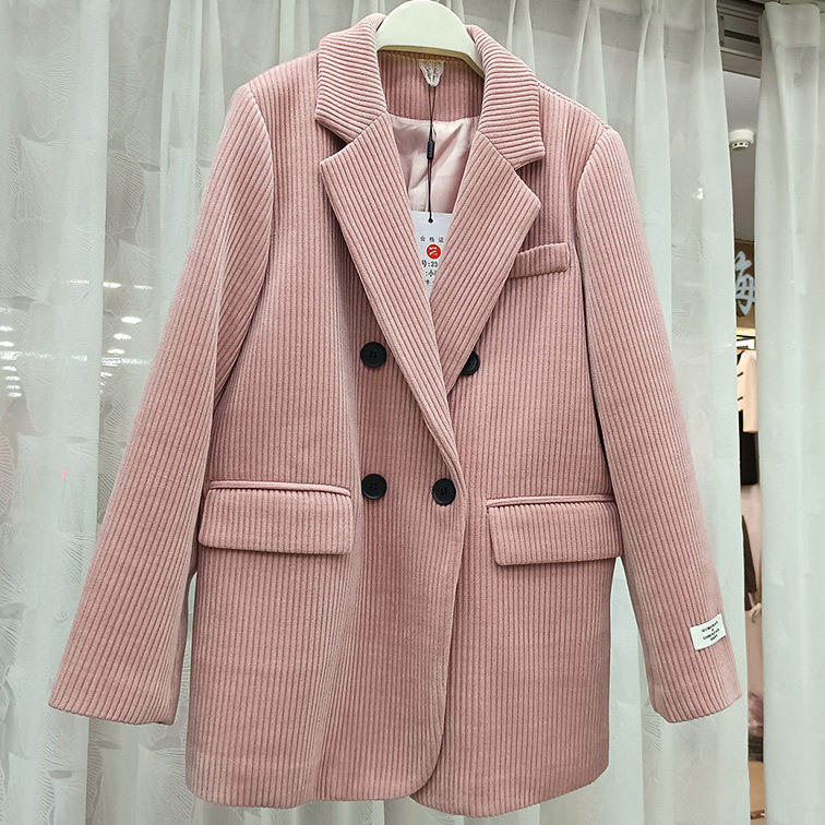 灯芯绒外套女条绒西装白色上衣粉