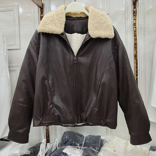 2025冬季 翻领Pu皮衣外套女夹克夹棉百搭毛领棉衣上衣小个子潮 短款