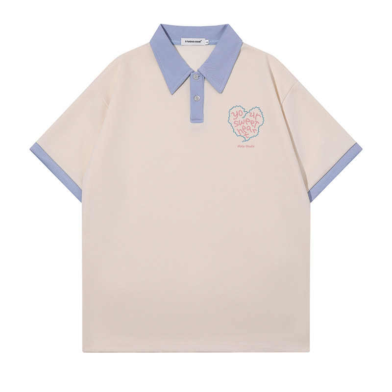 CSVQ ORIGINAL SIMPLE LOVE PRINT COLOR-BLOCKED SHORT SLEEVE T-SHIRT WOMENS SUMMER LOOSE COLLEGE POLO SHIRT LAPEL TOP