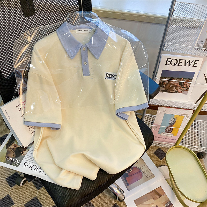 CSVQ ORIGINAL SIMPLE LETTER EMBROIDERY LOOSE LAPEL COLOR-BLOCKED SHORT SLEEVE T-SHIRT POLO SHIRT MENS AND WOMENS TOPS VERSATILE INS