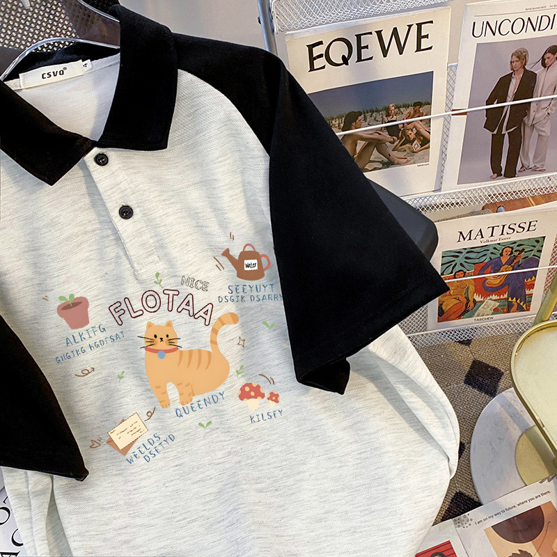 CSVQ FUN CAT RAGLAN SLEEVE POLO SHIRT SHORT SLEEVE T-SHIRT FEMALE COUPLE WEAR COLLEGE STYLE LOOSE AGE REDUCTION TOP SUMMER