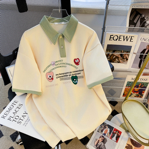 CSVQ 爱心笑脸Polo领短袖T恤女绿色小清新高级感拼色oversize上衣