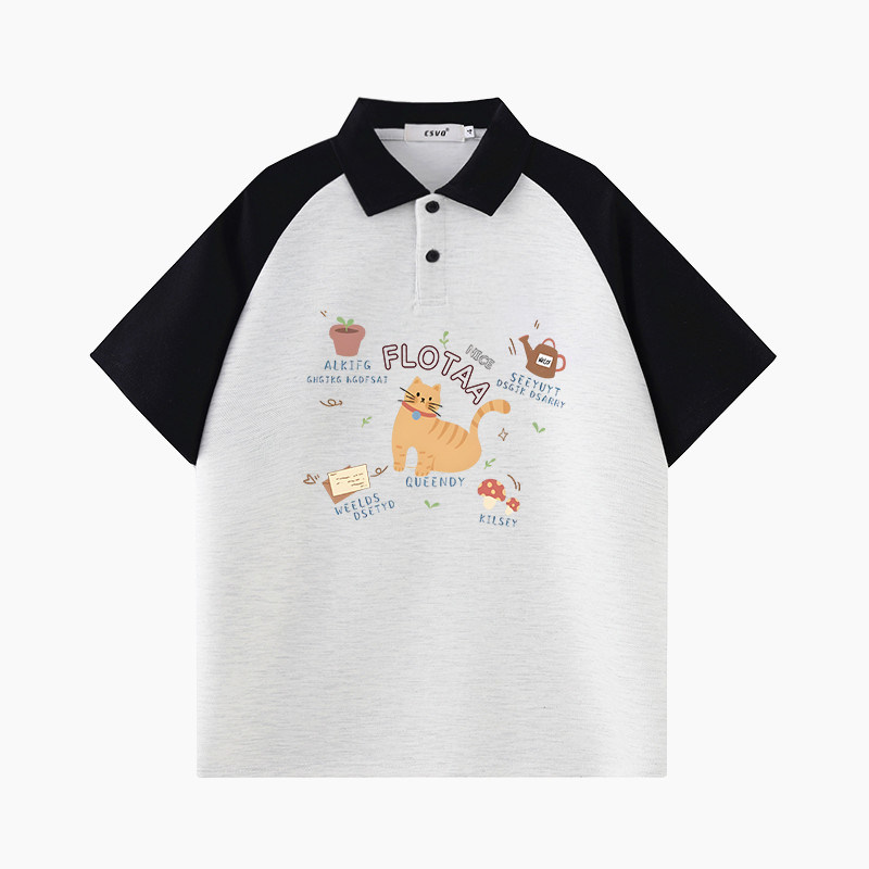CSVQ FUN CAT RAGLAN SLEEVE POLO SHIRT SHORT SLEEVE T-SHIRT FEMALE COUPLE WEAR COLLEGE STYLE LOOSE AGE REDUCTION TOP SUMMER