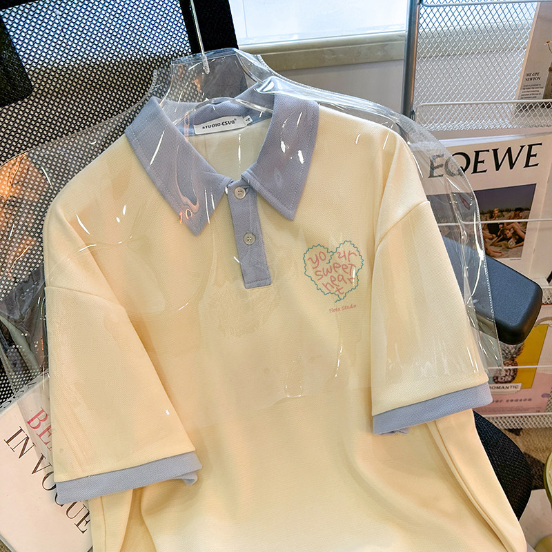 CSVQ ORIGINAL SIMPLE LOVE PRINT COLOR-BLOCKED SHORT SLEEVE T-SHIRT WOMENS SUMMER LOOSE COLLEGE POLO SHIRT LAPEL TOP