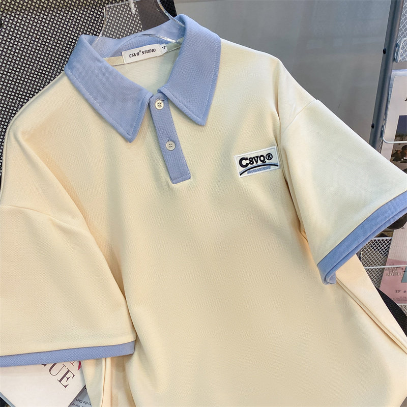 CSVQ ORIGINAL SIMPLE LETTER EMBROIDERY LOOSE LAPEL COLOR-BLOCKED SHORT SLEEVE T-SHIRT POLO SHIRT MENS AND WOMENS TOPS VERSATILE INS