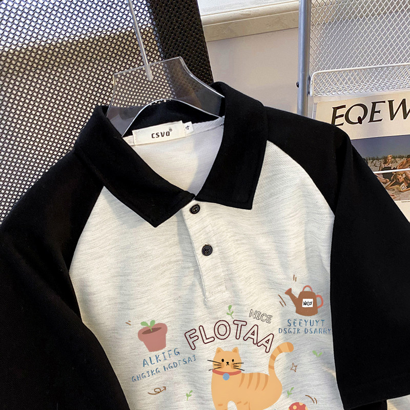 CSVQ FUN CAT RAGLAN SLEEVE POLO SHIRT SHORT SLEEVE T-SHIRT FEMALE COUPLE WEAR COLLEGE STYLE LOOSE AGE REDUCTION TOP SUMMER