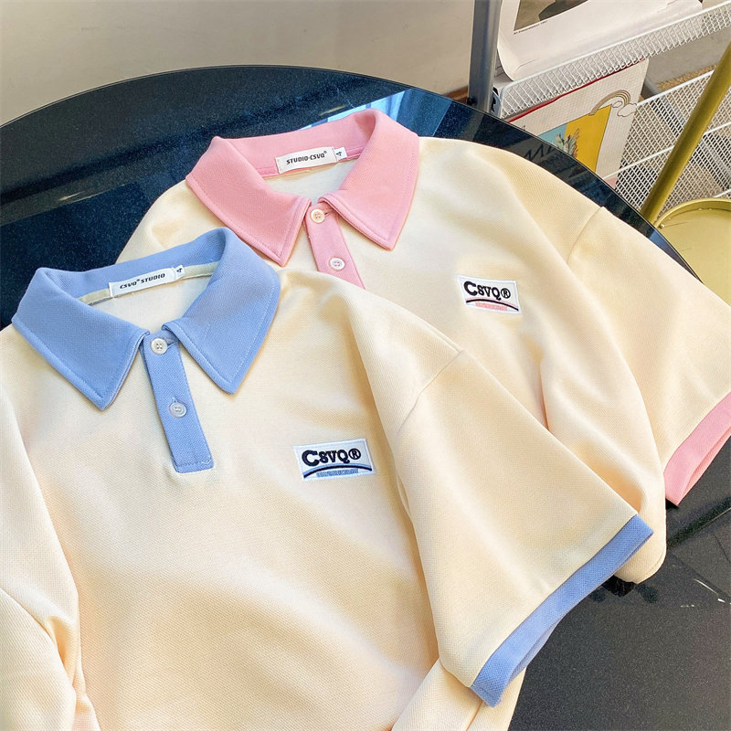 CSVQ ORIGINAL SIMPLE LETTER EMBROIDERY LOOSE LAPEL COLOR-BLOCKED SHORT SLEEVE T-SHIRT POLO SHIRT MENS AND WOMENS TOPS VERSATILE INS