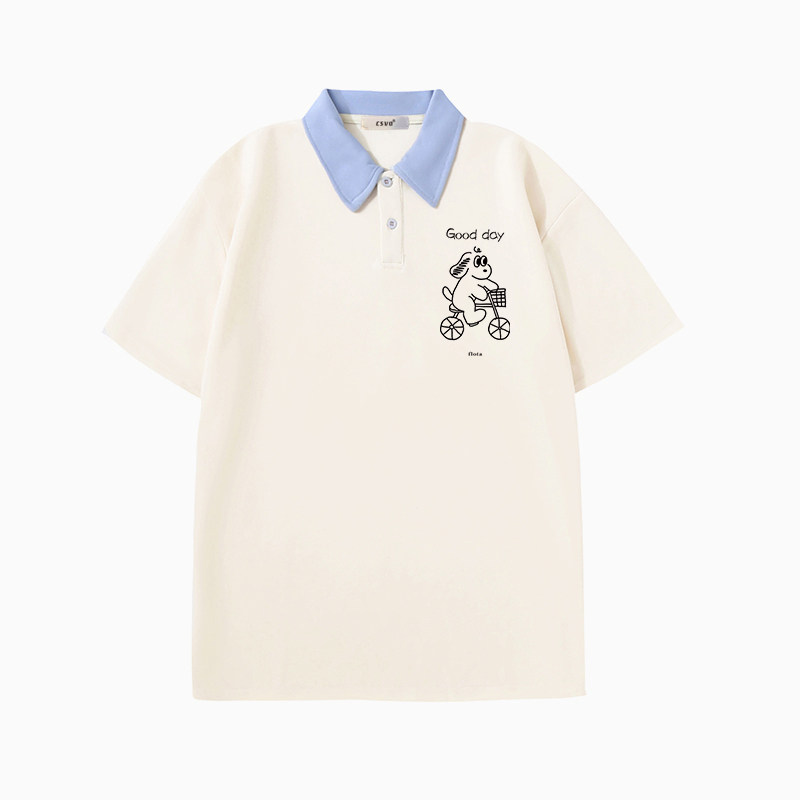 CSVQ CHILDRENS BICYCLE DOG POLO COLLAR SHORT SLEEVE T-SHIRT WOMENS AGE REDUCTION COLLEGE CASUAL BLUE LOOSE TOP SUMMER