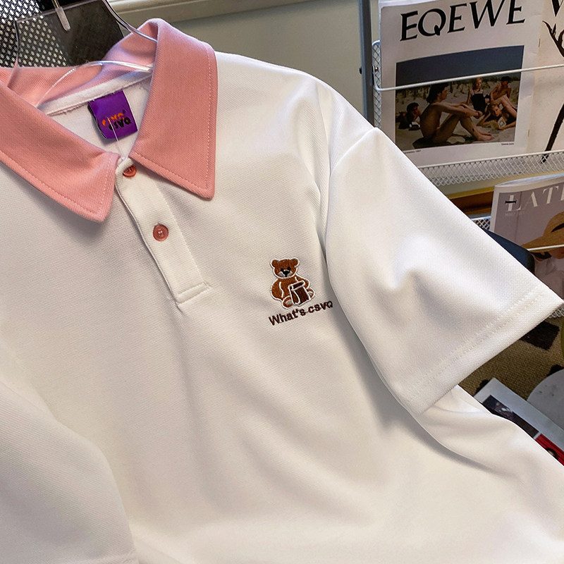 CSVQ LAPEL POLO GIRL EMBROIDERED BEAR LOOSE CONTRAST SUMMER THIN SHORT SLEEVE LOOSE HALF SLEEVE T-SHIRT TOP