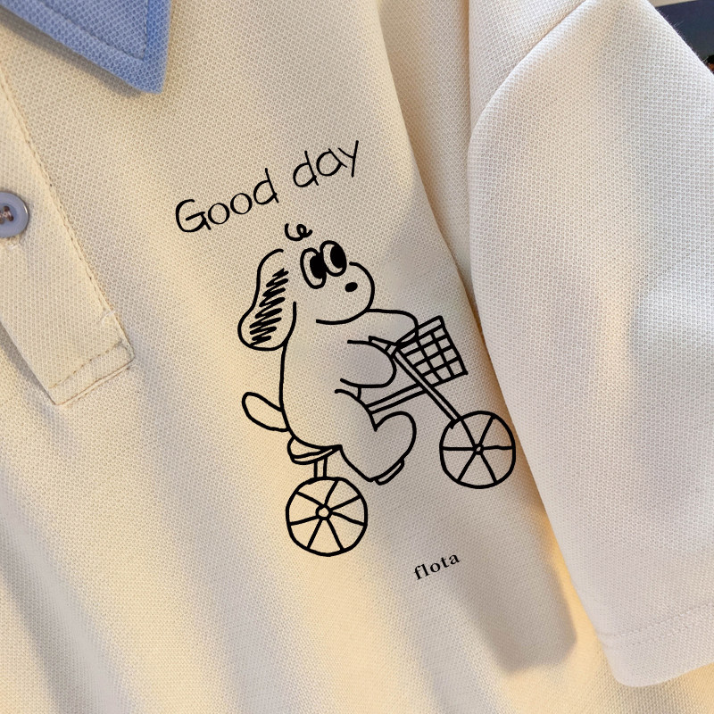 CSVQ CHILDRENS BICYCLE DOG POLO COLLAR SHORT SLEEVE T-SHIRT WOMENS AGE REDUCTION COLLEGE CASUAL BLUE LOOSE TOP SUMMER