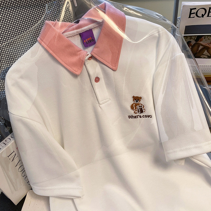 CSVQ LAPEL POLO GIRL EMBROIDERED BEAR LOOSE CONTRAST SUMMER THIN SHORT SLEEVE LOOSE HALF SLEEVE T-SHIRT TOP