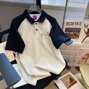 CSVQ 复古简约字母撞色短袖T恤男女插肩袖显瘦夏慵懒学院风POLO衫