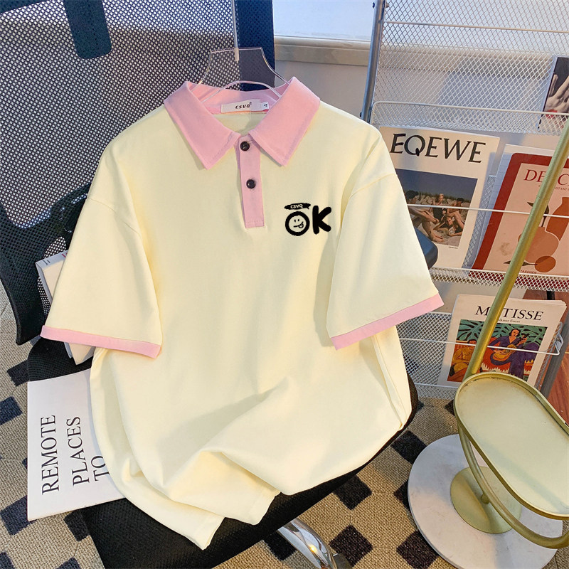 CSVQ COTTON ORIGINAL LETTER VINTAGE POLO NECK SHORT SLEEVE T-SHIRT FEMALE COUPLE LOOSE SWEET COOL VERSATILE AMERICAN TOP