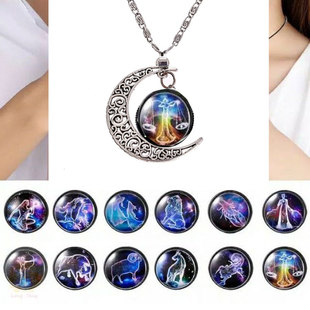 星座月亮时光宝石项链跨境欧美热卖 ebay速卖通梦幻夜光吊坠玻璃
