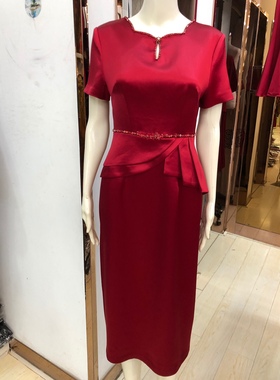 富贵依枝花238056夏季新款妈妈装醋酸真丝婚礼礼服裙中长红连衣裙