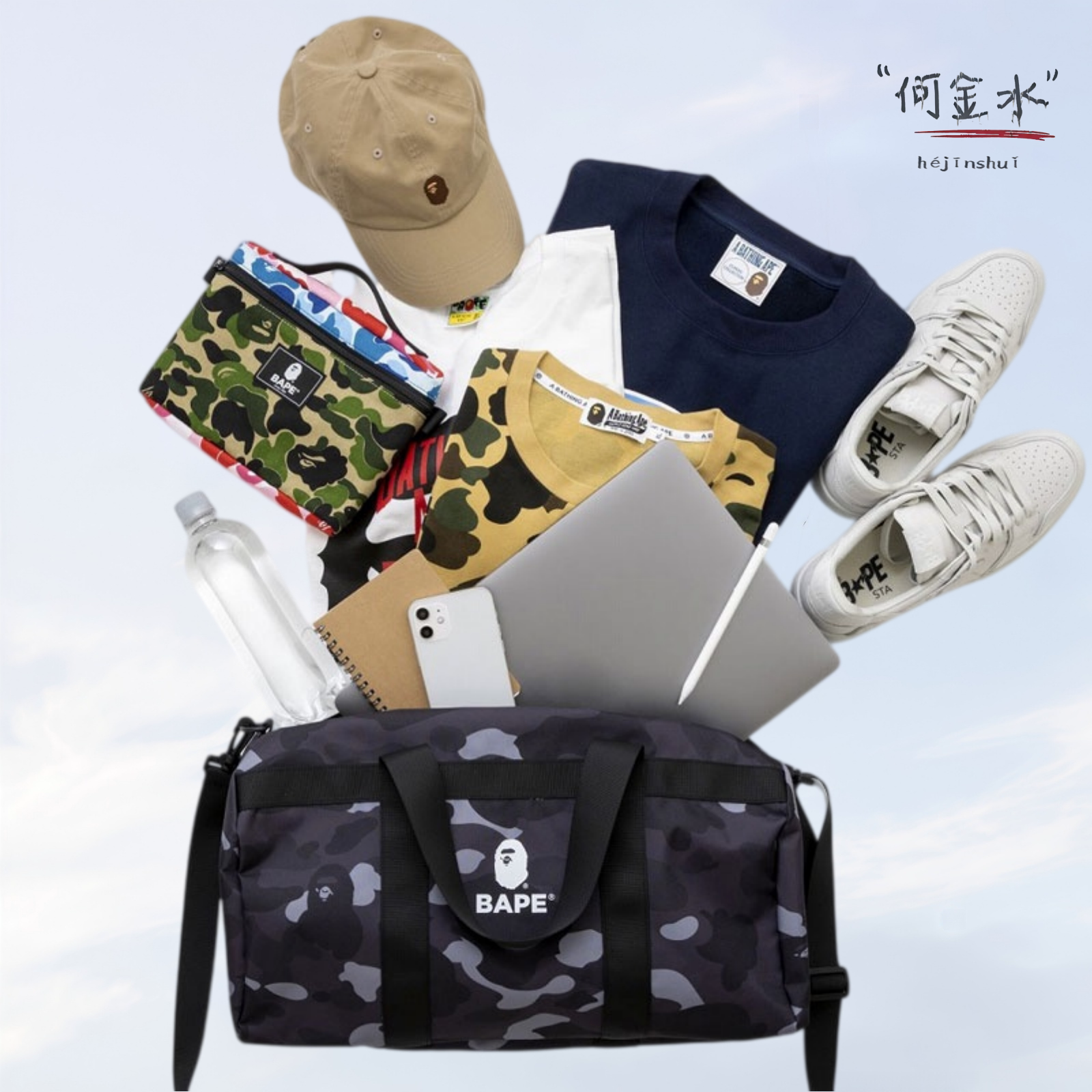 Bape猿人头黑灰迷彩桶包单肩手提斜挎包通勤休闲运动百搭时尚潮流