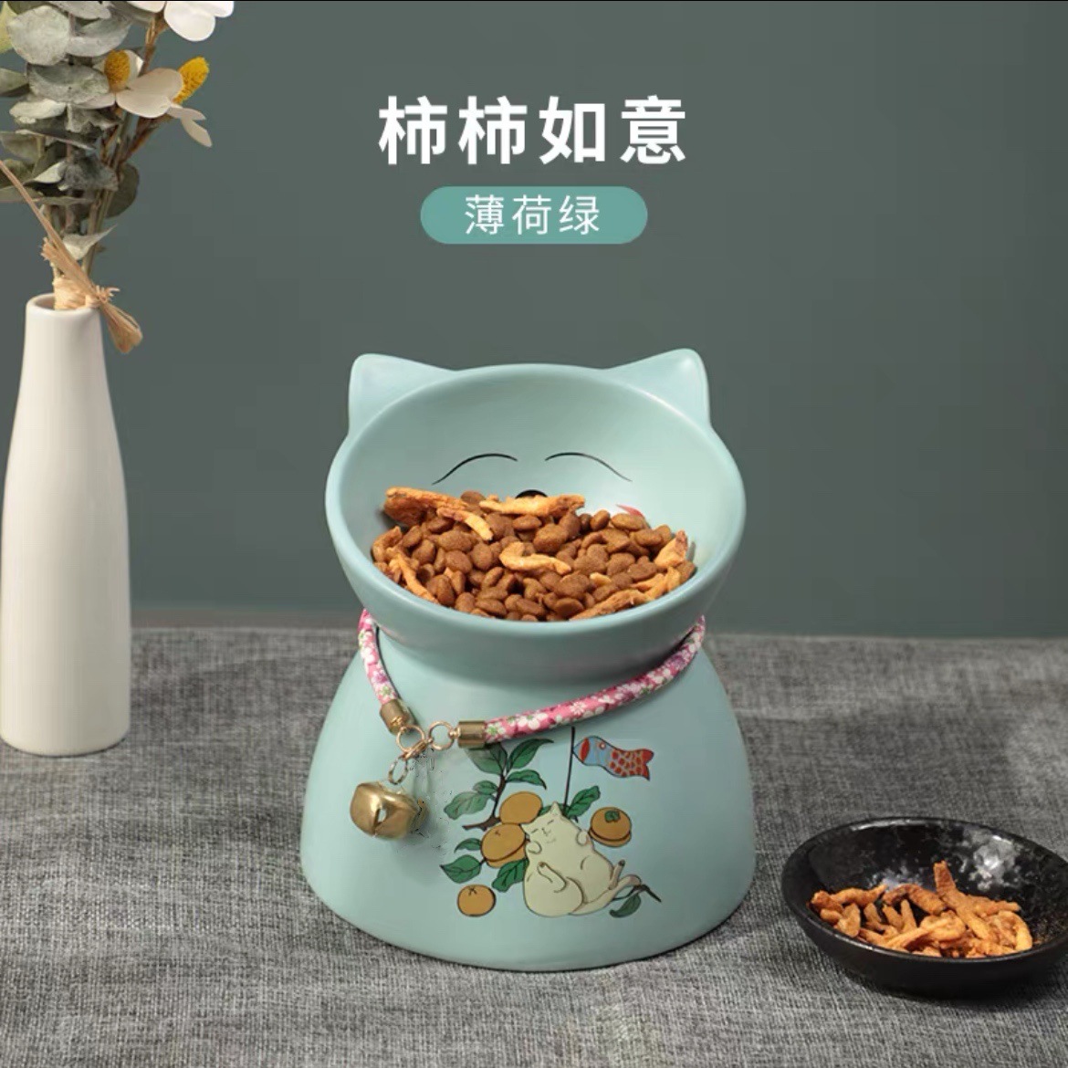日式和风猫咪盆 招财猫高脚食物碗斜口猫食碗饮水碗狗狗宠物用品