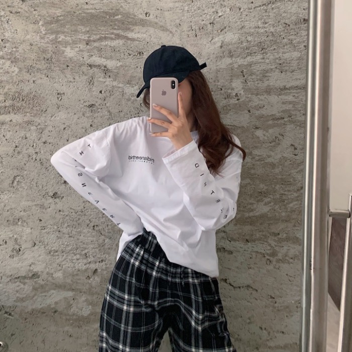 Real price real shot chic classic loose Print Long Sleeve T-Shirt + high waist Plaid wide leg pants