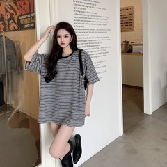 實價實拍 下半身消失BF風慵懶寬鬆條紋t恤復古撞色上衣