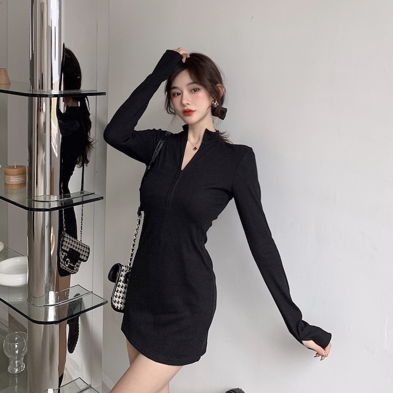 Real price real shot sexy tight black long sleeve bottomed dress slim package hip skirt
