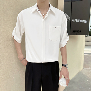 2025夏季新款男士帅气潮流纯色五分袖短袖衬衫1C8080-P50图片