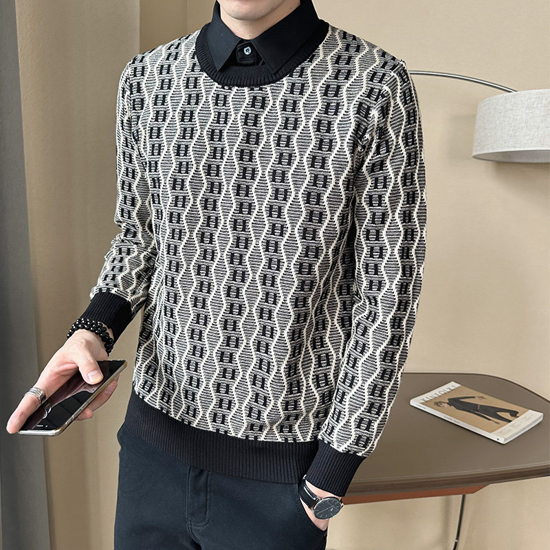 23秋冬假两件男士套头针织衫条纹肌理感打底衫提花毛衣M9920-P98，男装T恤，电商B307