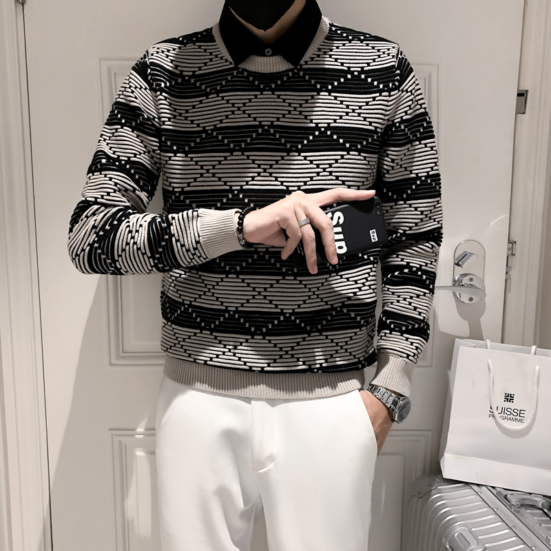 2025秋冬新款男加厚修身潮流帅气假两件毛衣M9870-P93控145，男装针织衫/毛衣，电商B307